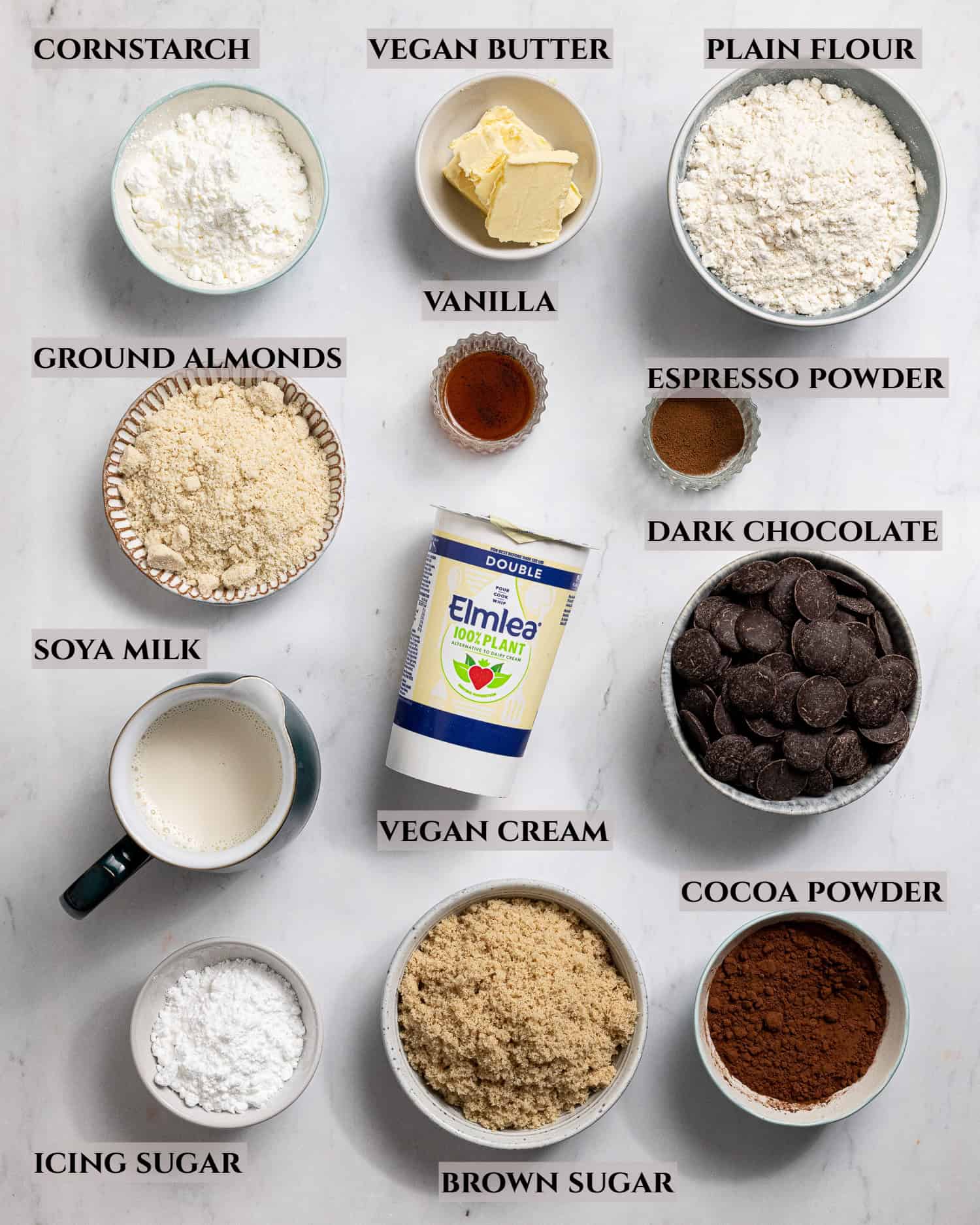A labelled photo of the ingredients needed to make vegan chocolate cream pie.