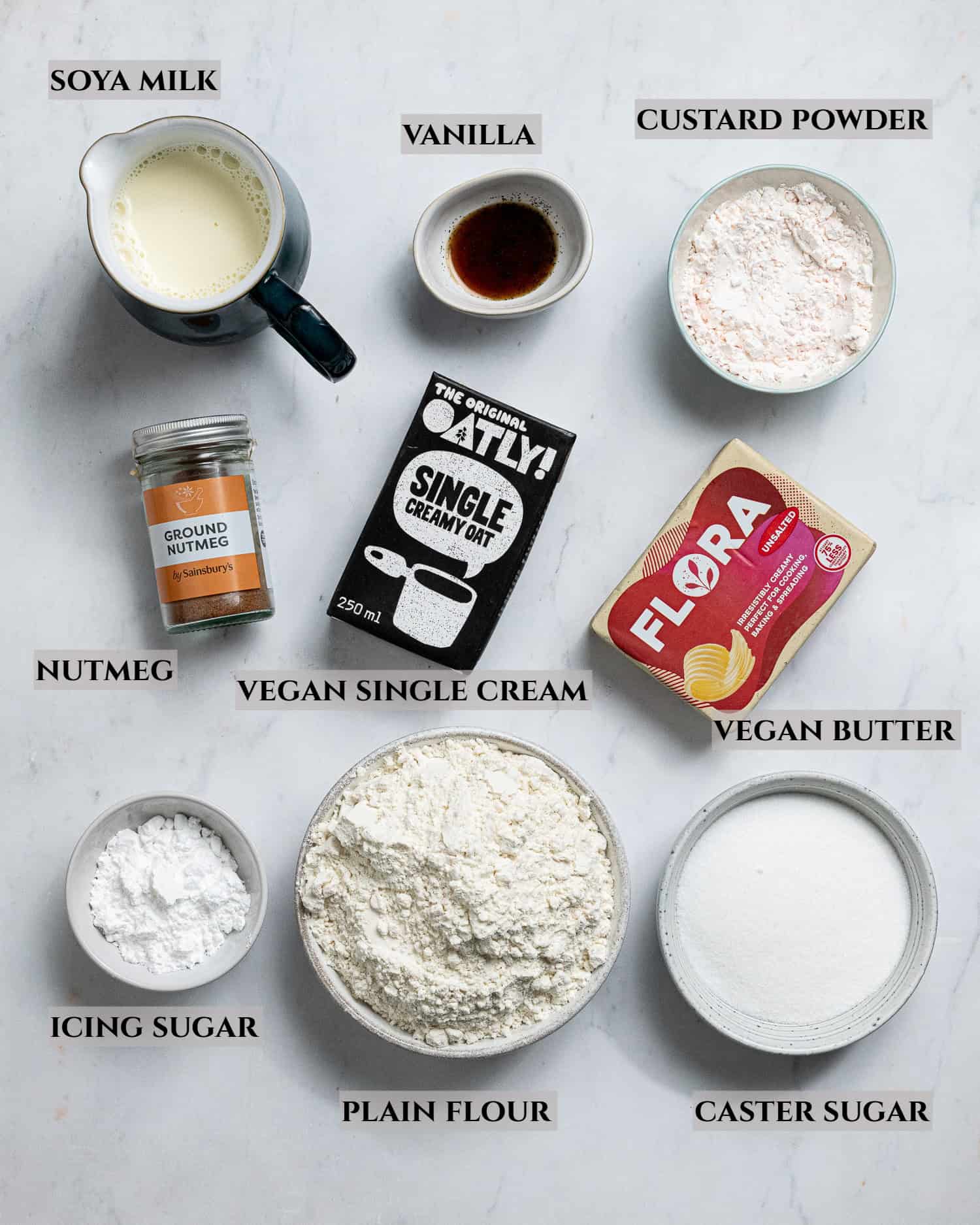 A labelled photo of the ingredients needed to make vegan custard tarts.
