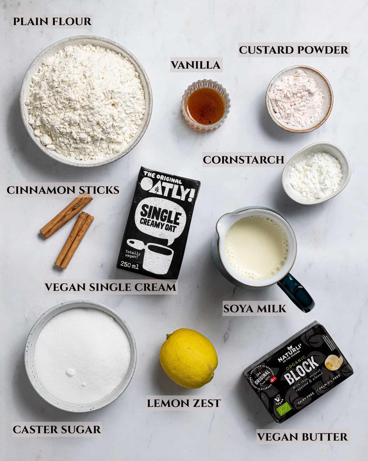 A labelled photo of the ingredients needed to make vegan pasteis de nata.