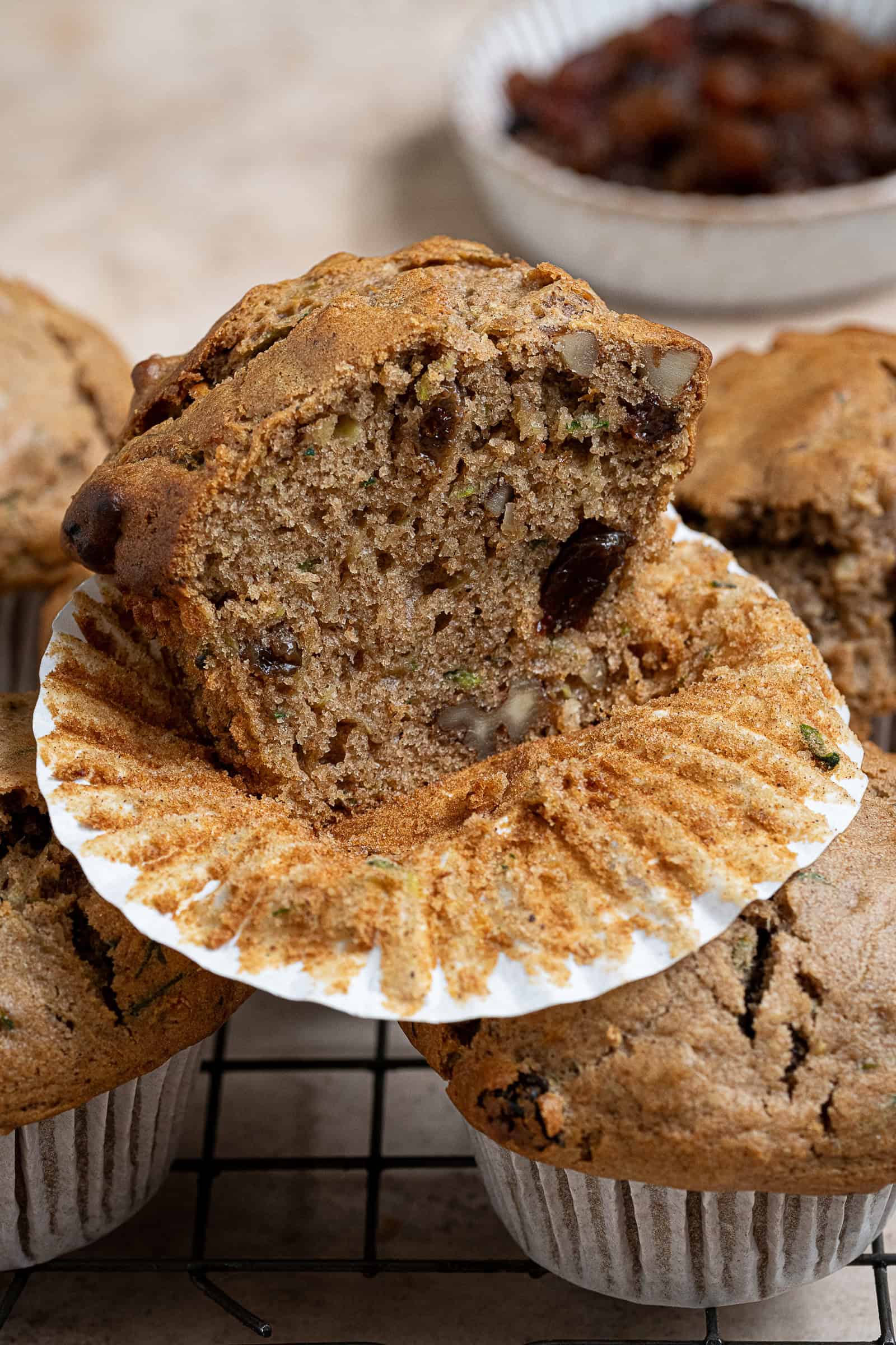 A vegan courgette muffin sliced in half.