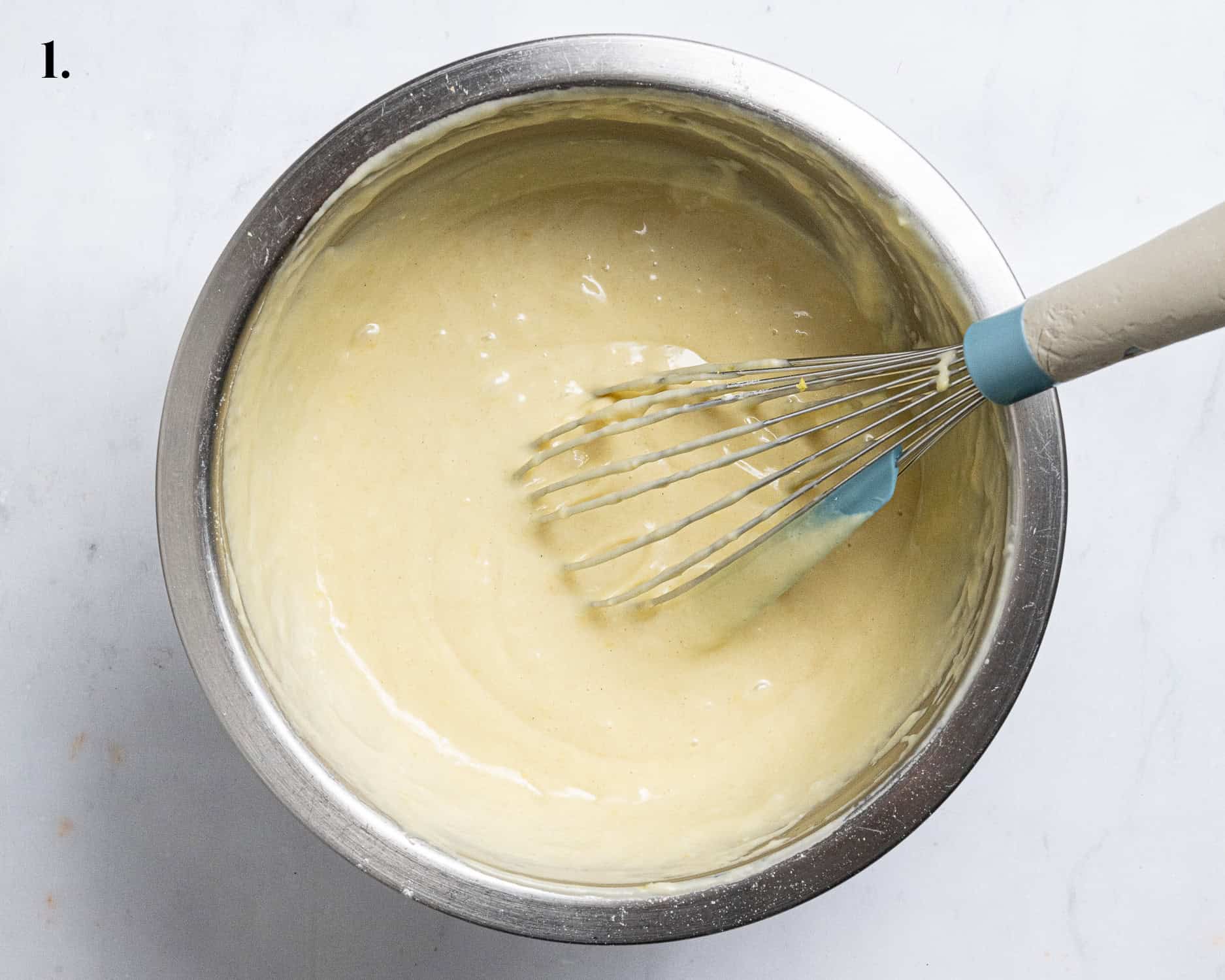 Step 1, the cake batter in a bowl.