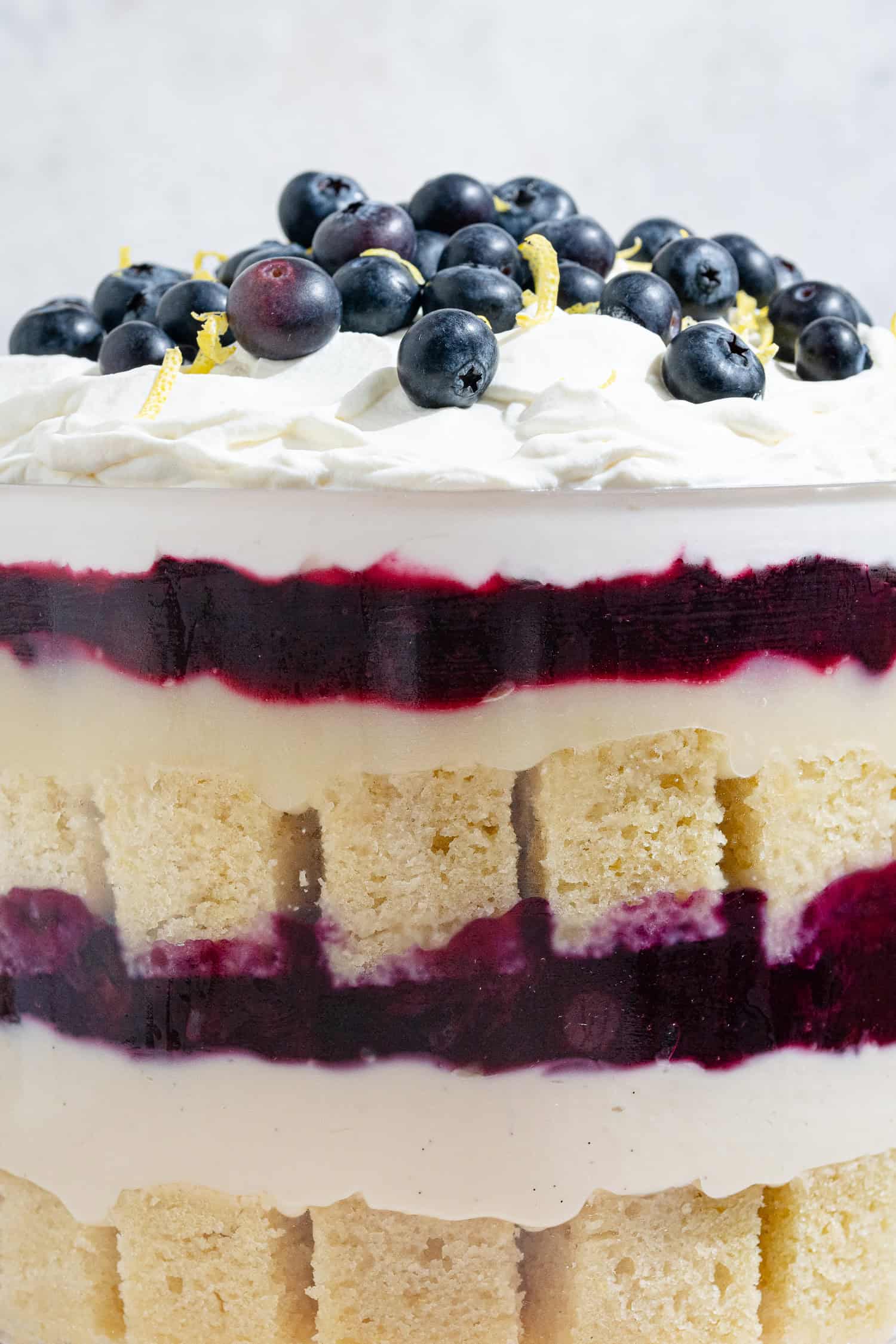 Close up shot of vegan lemon blueberry trifle.
