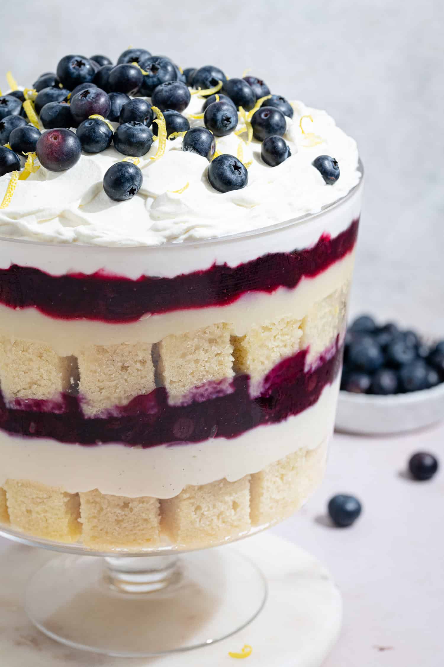 Close up shot of vegan lemon blueberry trifle.