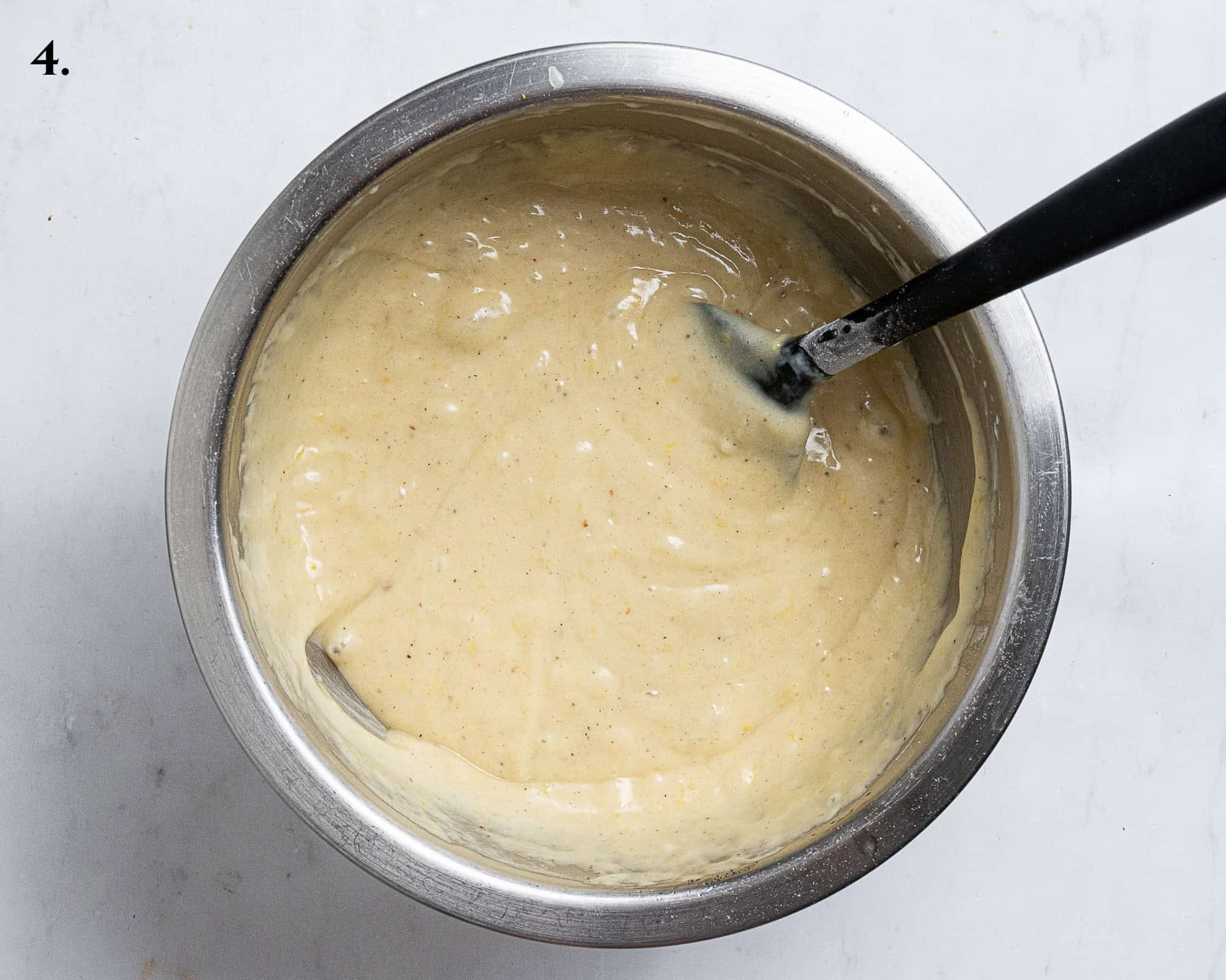 Step 4, the finished batter with the milk, lemon juice and vanilla added.