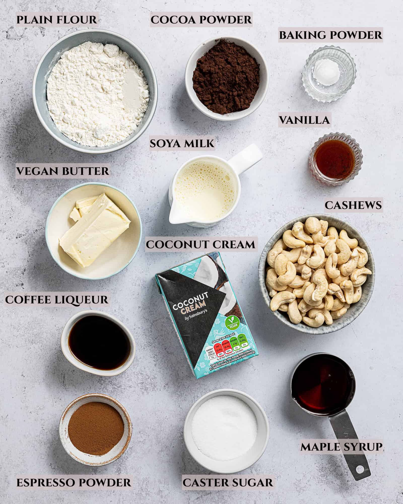 A labelled photo of the ingredients needed to make vegan coffee ice cream sandwiches.