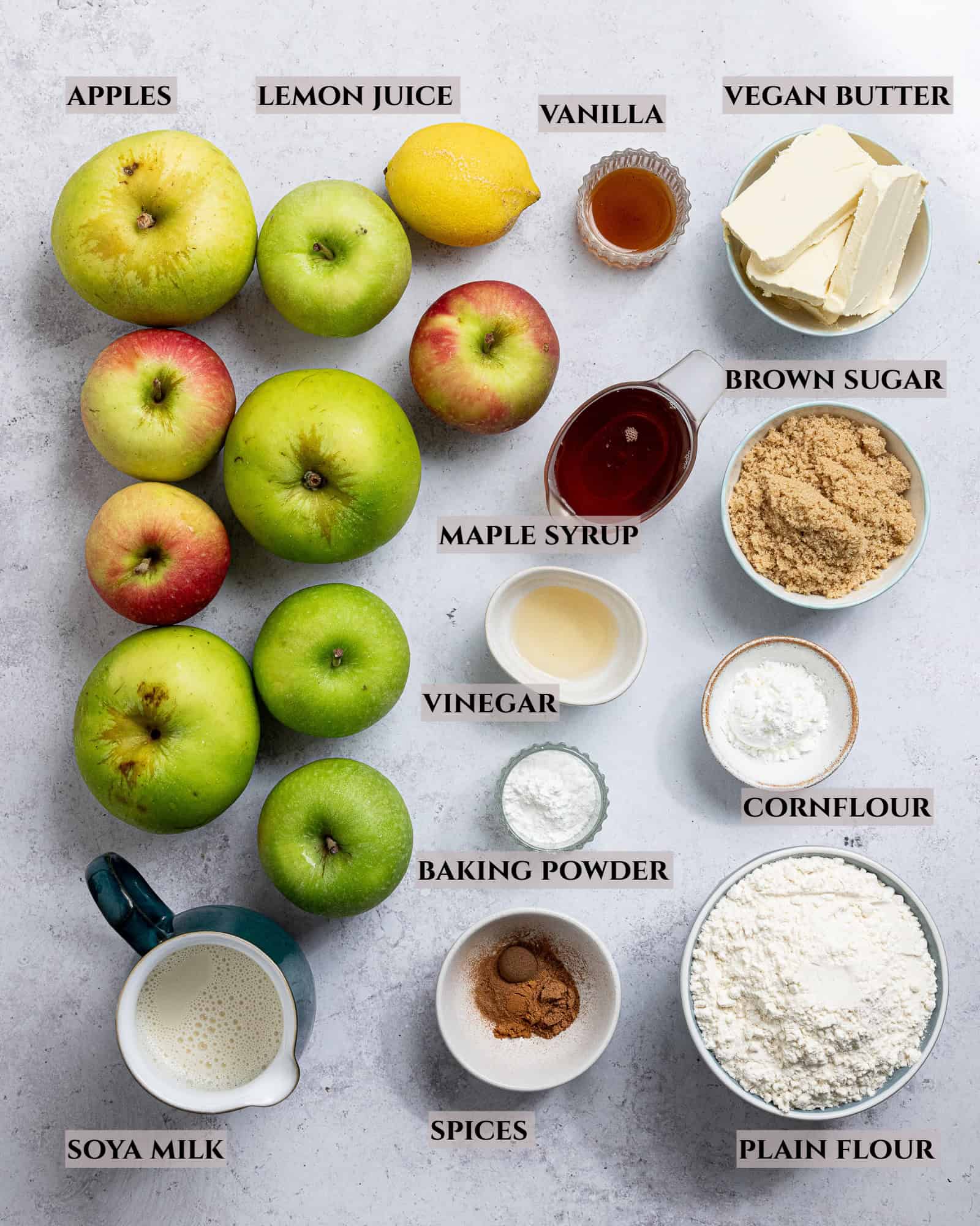 A labelled photo of the ingredients needed to make vegan apple cobbler.