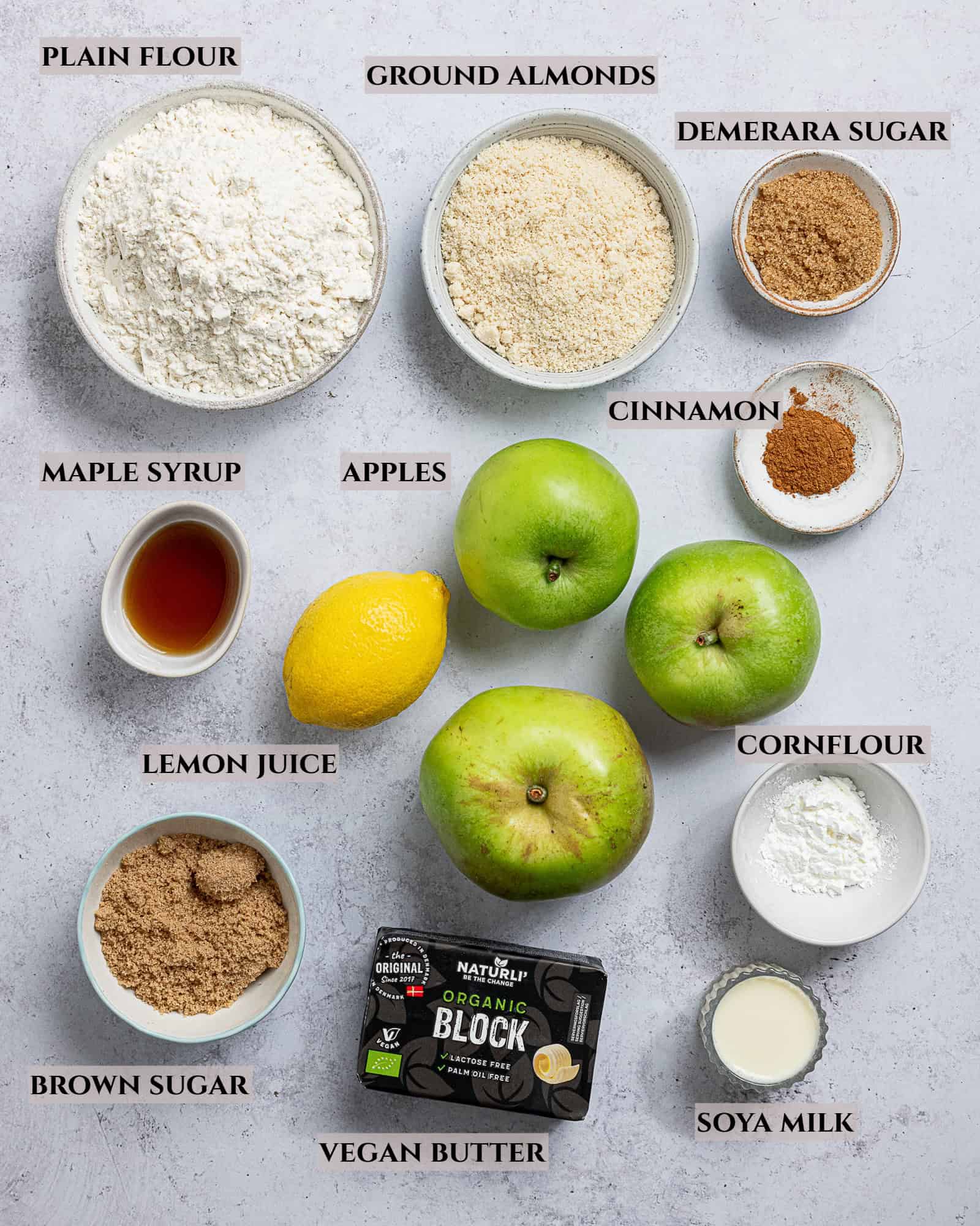 A labelled photo of the ingredients needed to make vegan apple galette.