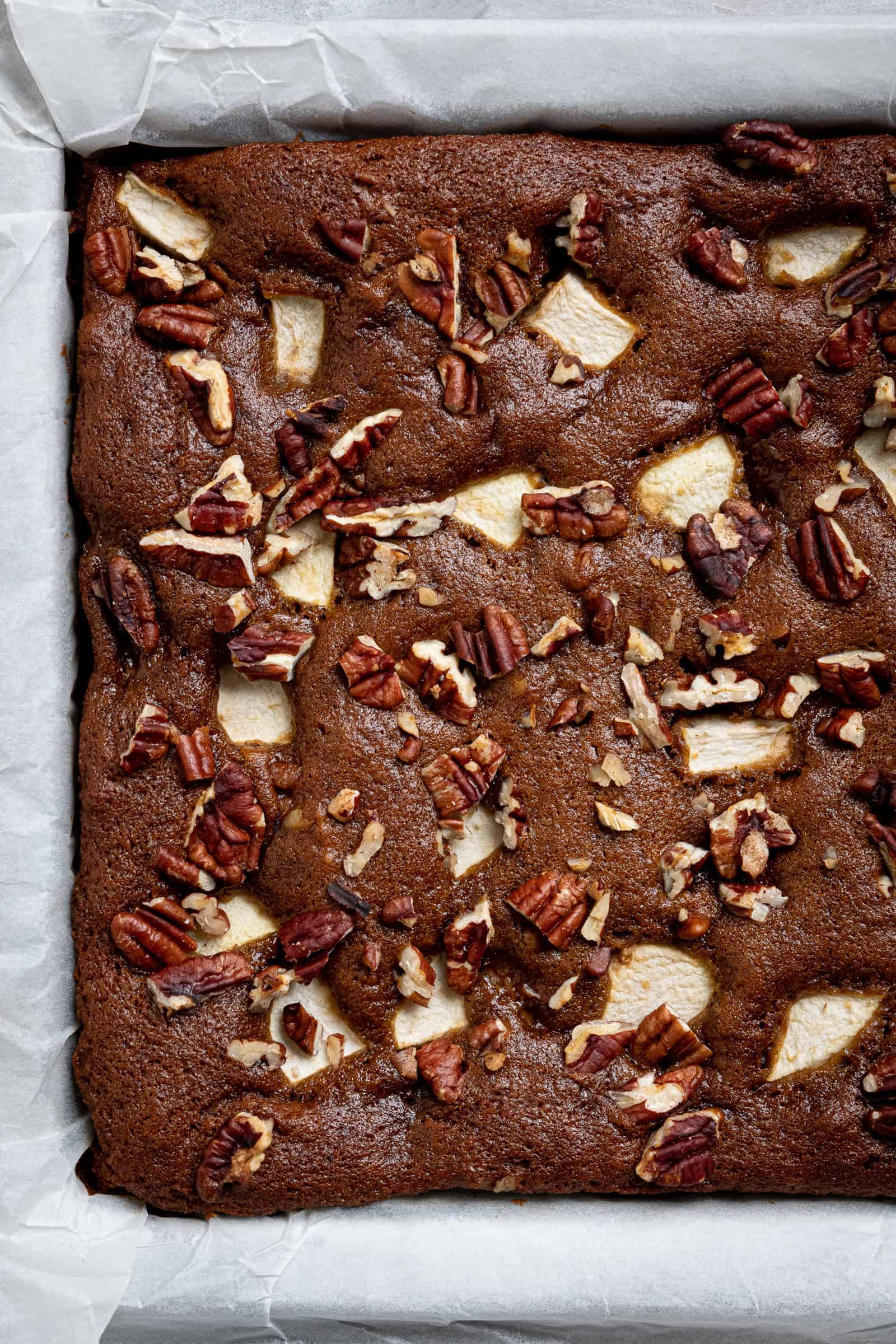 Close up of the baked cake in the tin.