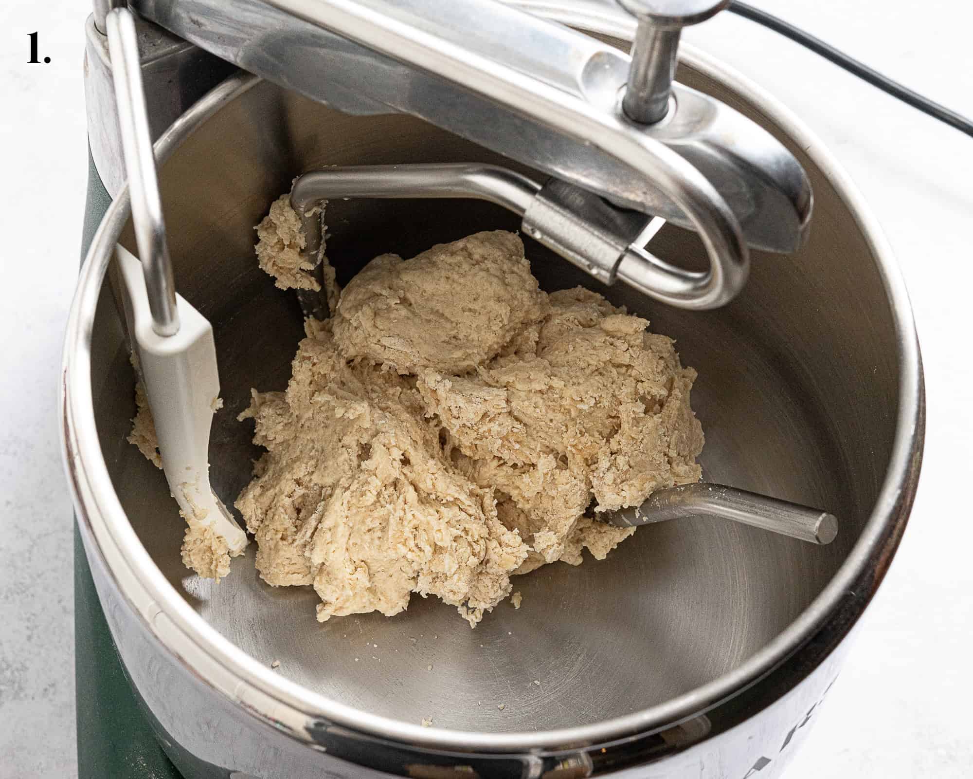 Step 1, the unkneaded dough in a stand mixer.