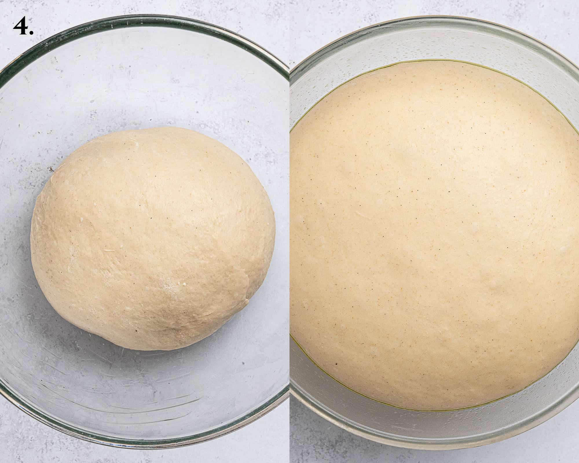Step 4, a two image collage of the dough before and after rising.