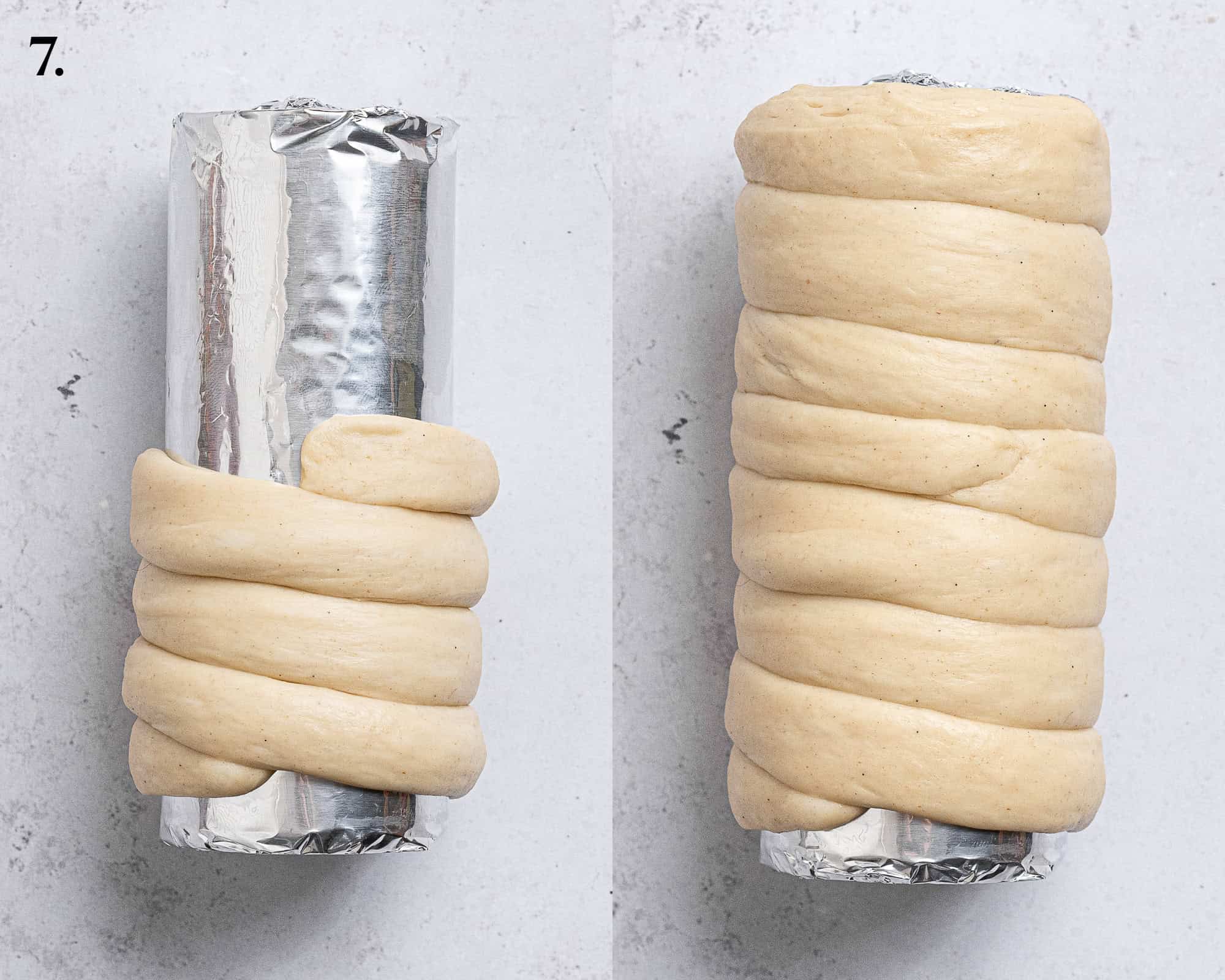 Step 7, a two image collage of the dough coiling process.
