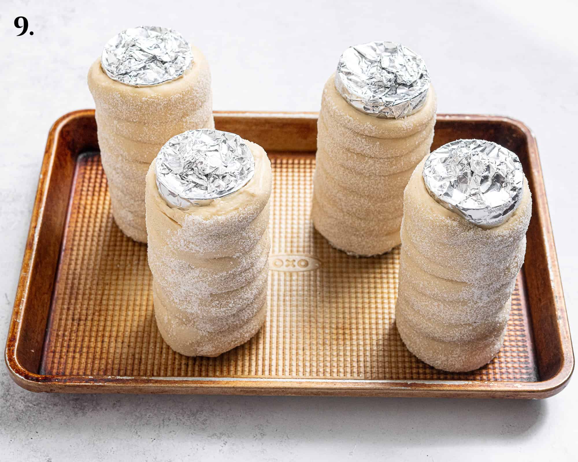 Step 9, the assembled chimney cakes before baking.