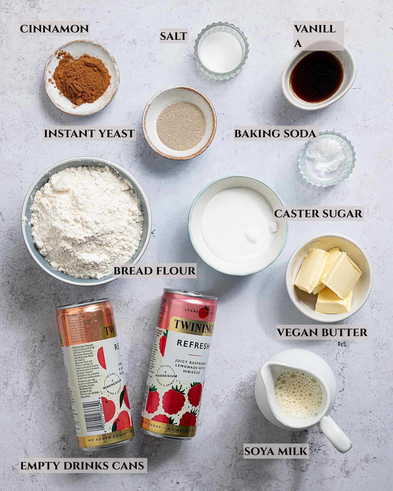 A labelled photo of the ingredients needed to make vegan chimney cakes in bowls.