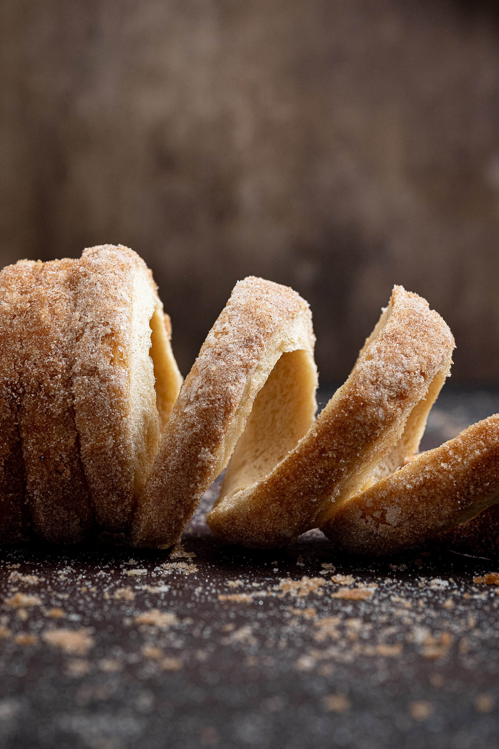 Close up shot of an unravelled chimney cake.