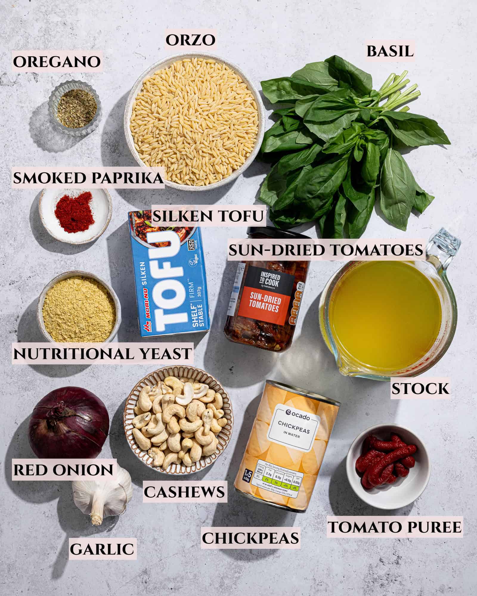 A labelled photo of the ingredients needed to make creamy marry me orzo.
