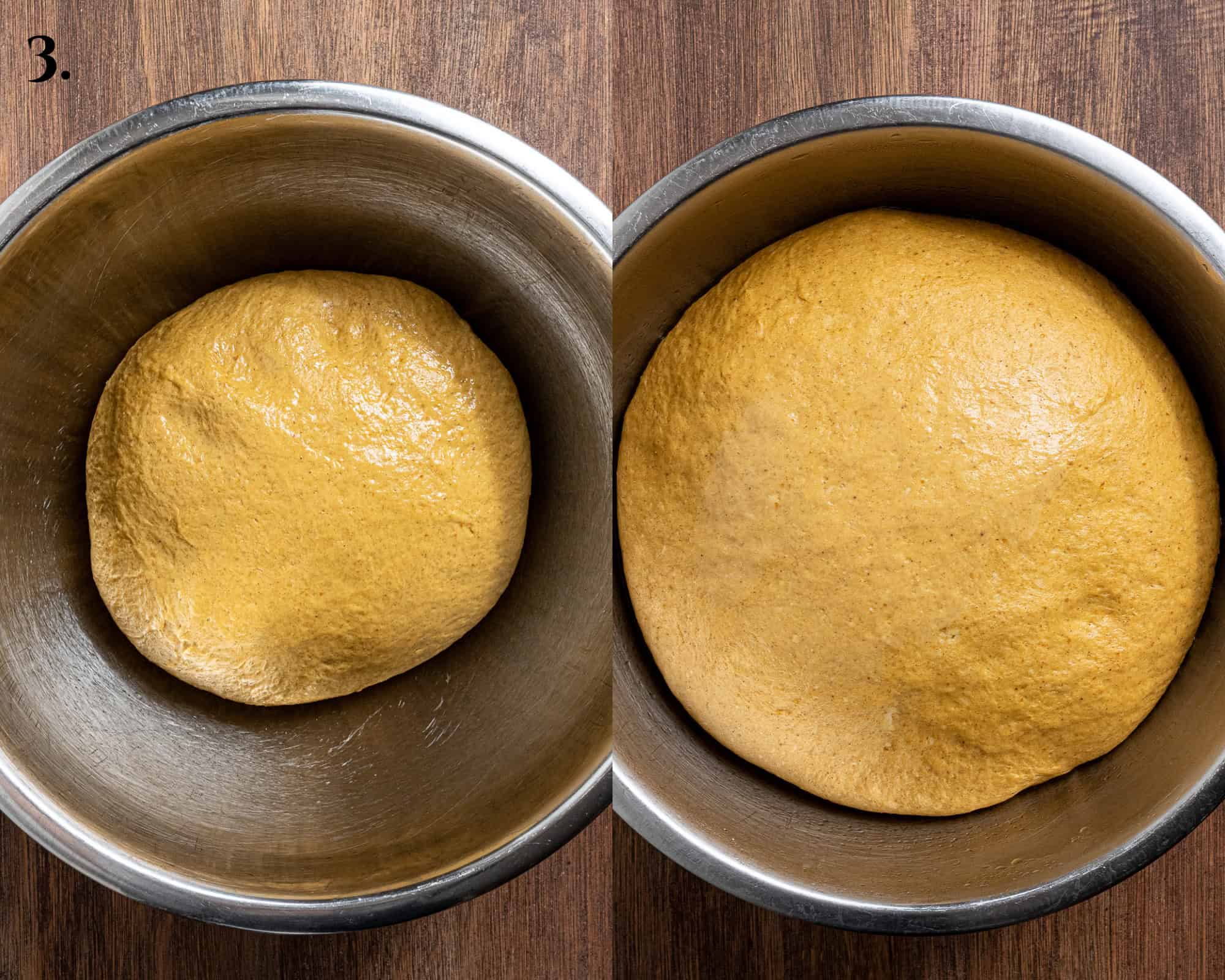 Step 3, a two image collage of the dough before and after rising.