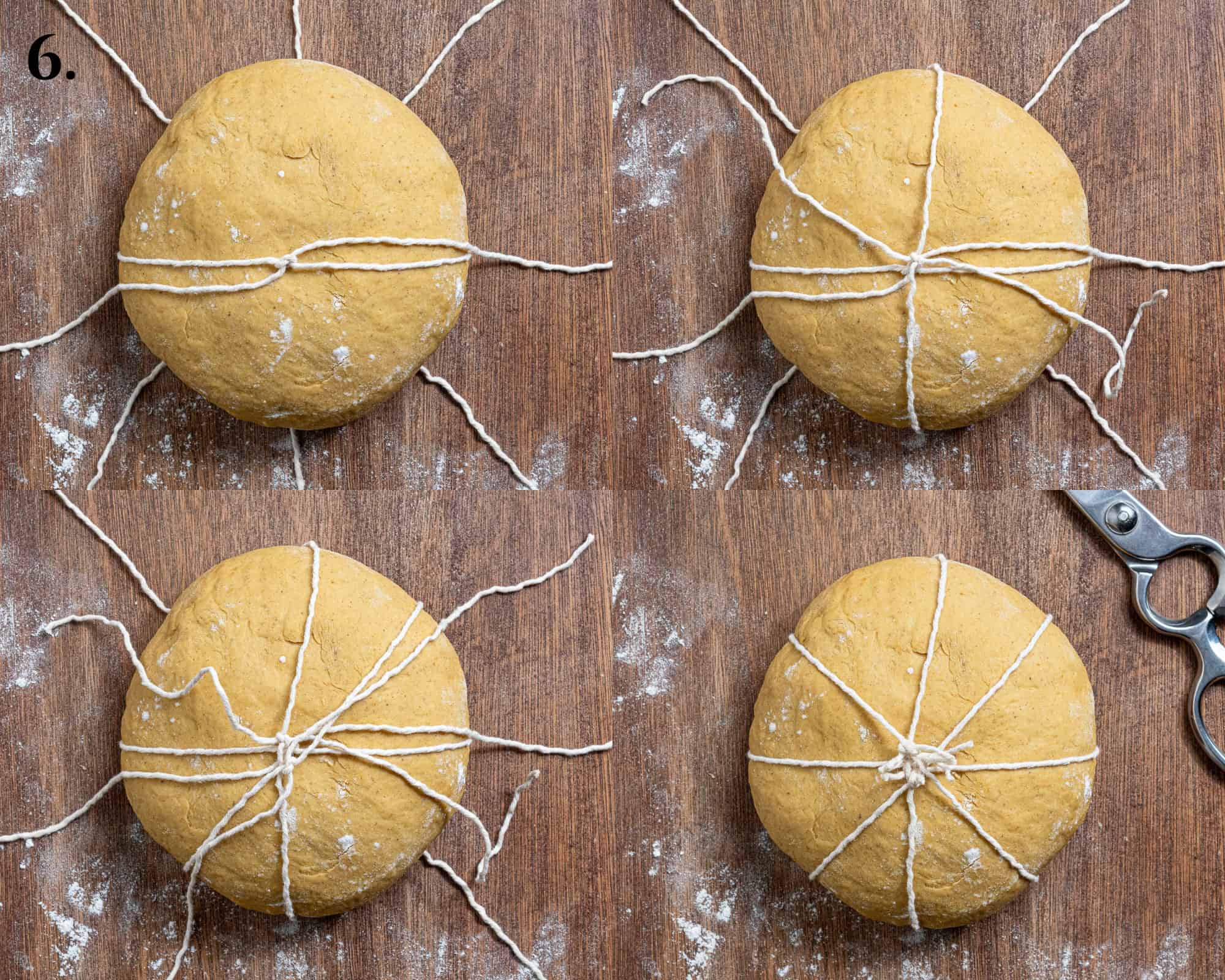 Step 6, a four image collage of tying the strings.