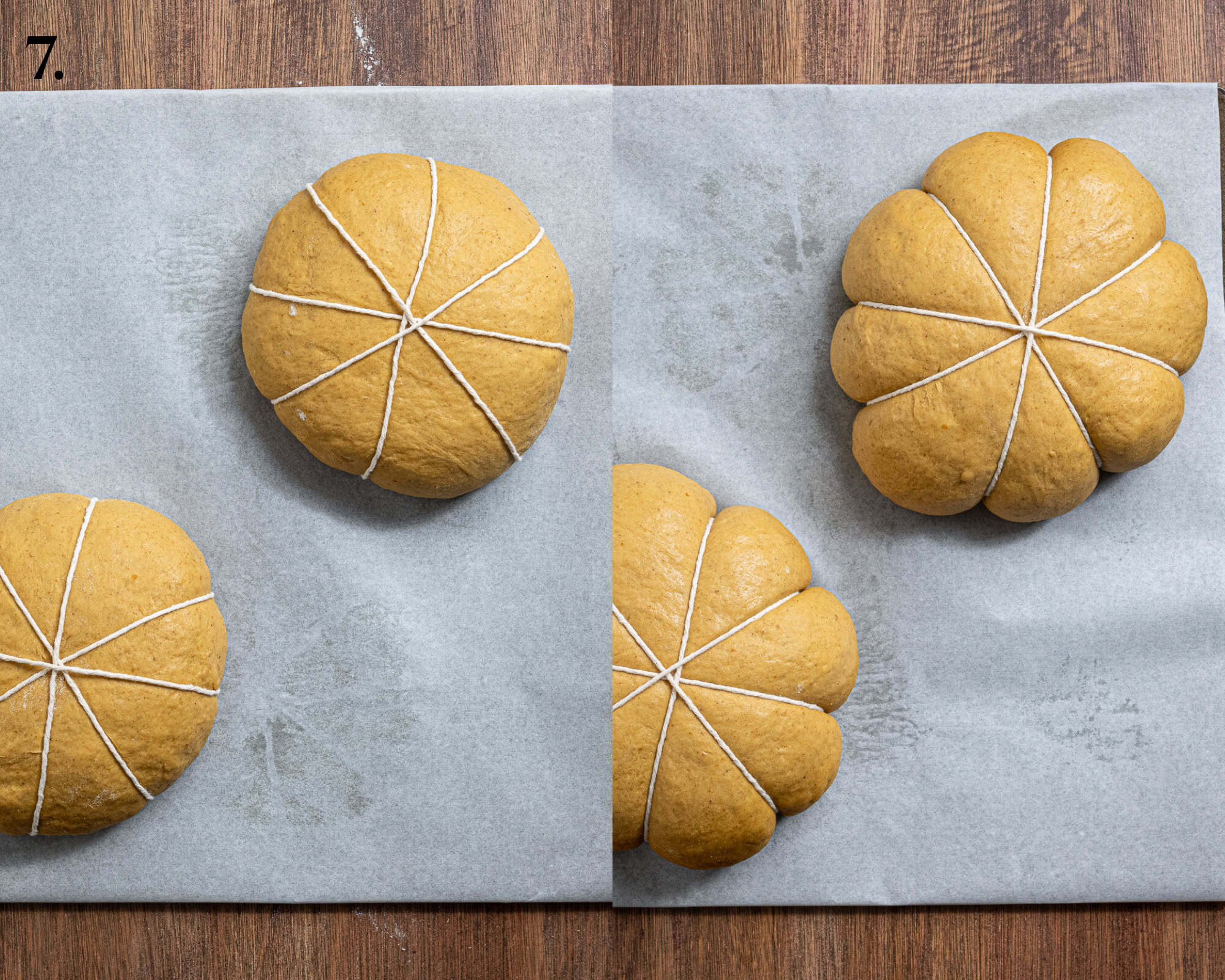 Step 7, a two image collage of the shaped loaves before and after rising.