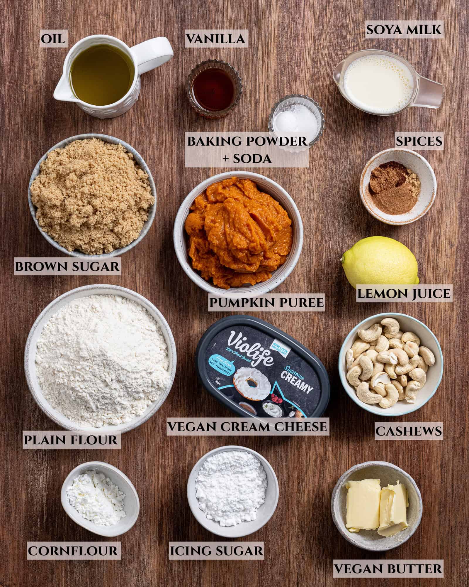 A labelled photo of the ingredients needed to make vegan pumpkin whoopie pies.