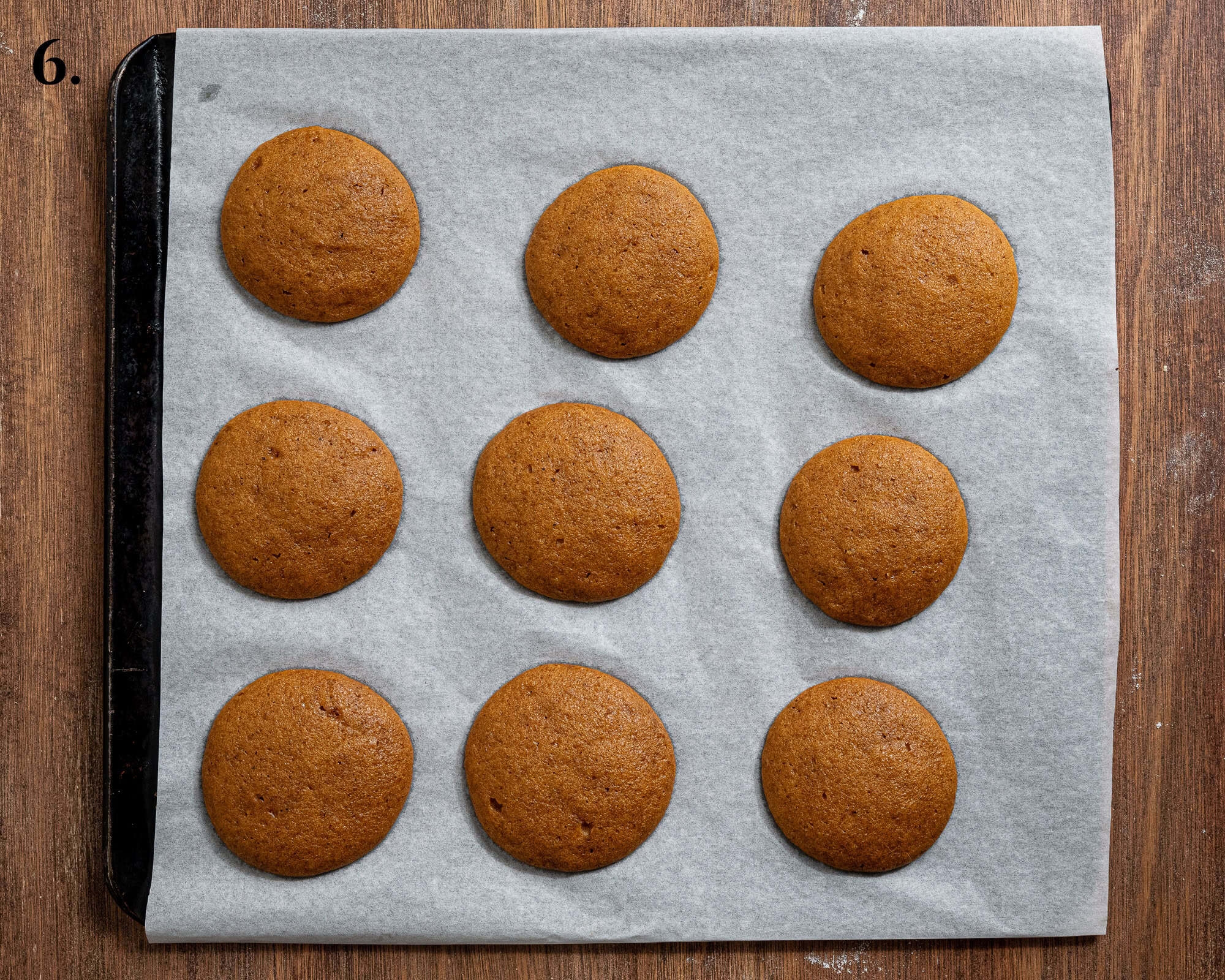 Step 6, the baked whoopie pies on a baking sheet.