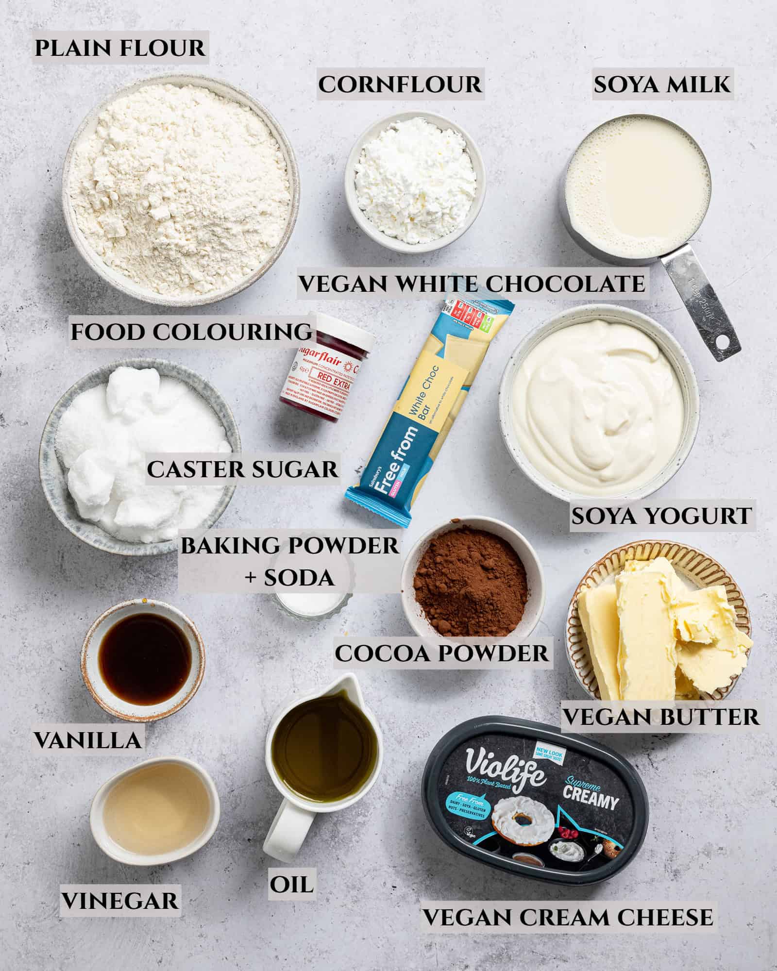 A labelled photo of the ingredients needed to make vegan red velvet bundt cake.