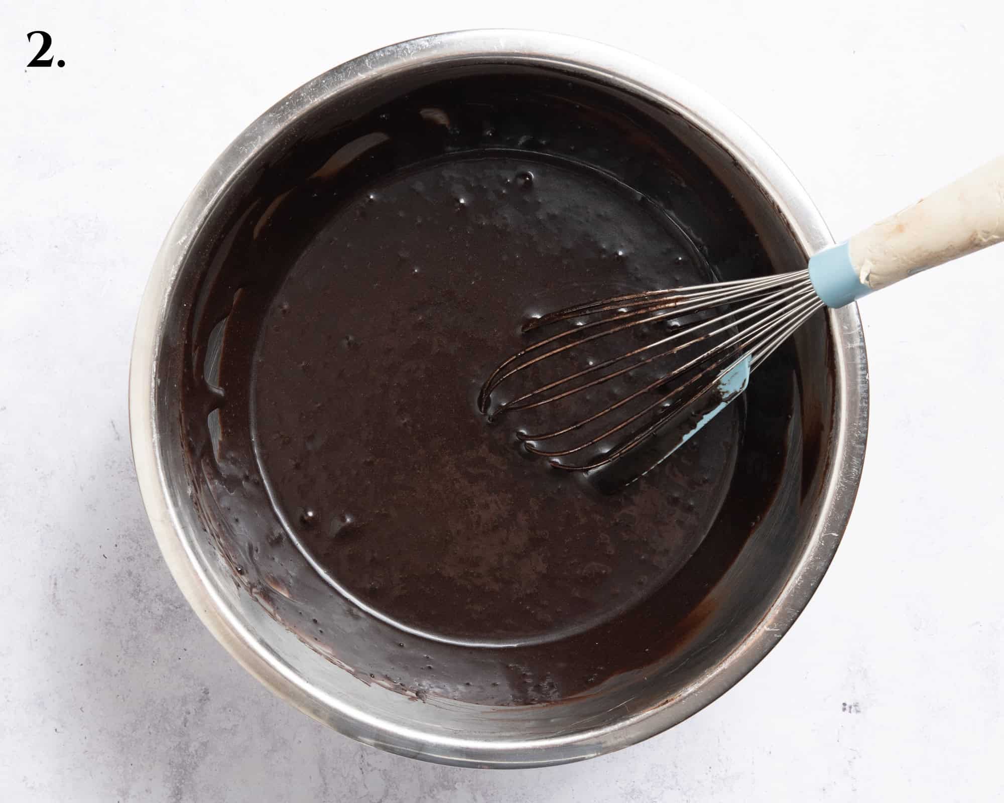 Step 2, the wet ingredients with the cocoa powder added.